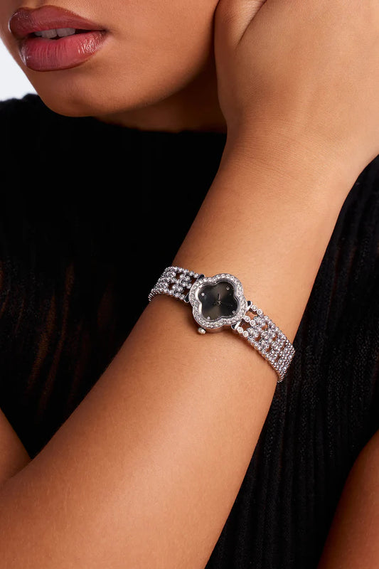 Time Is Up Rhinestone Clover Metal Watch - Silver