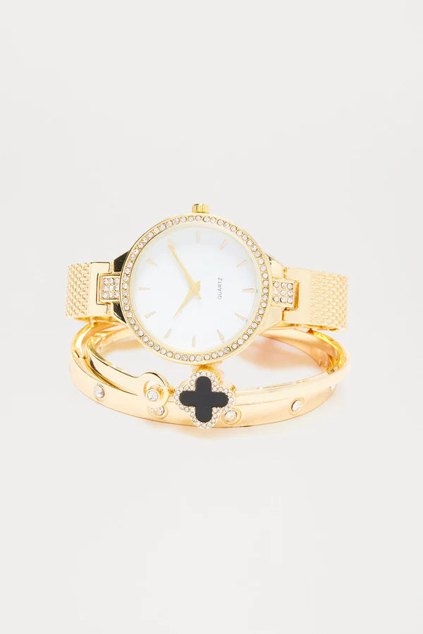 Clover Embellished 3 Piece Watch Set - Gold